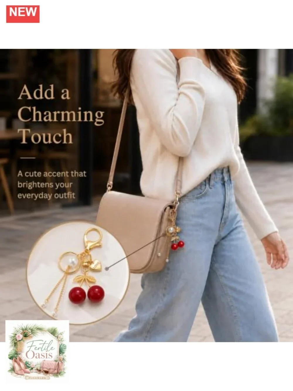 Cherry Bag Charm Keychain with Pearl Tassel Love Heart Purse Charm